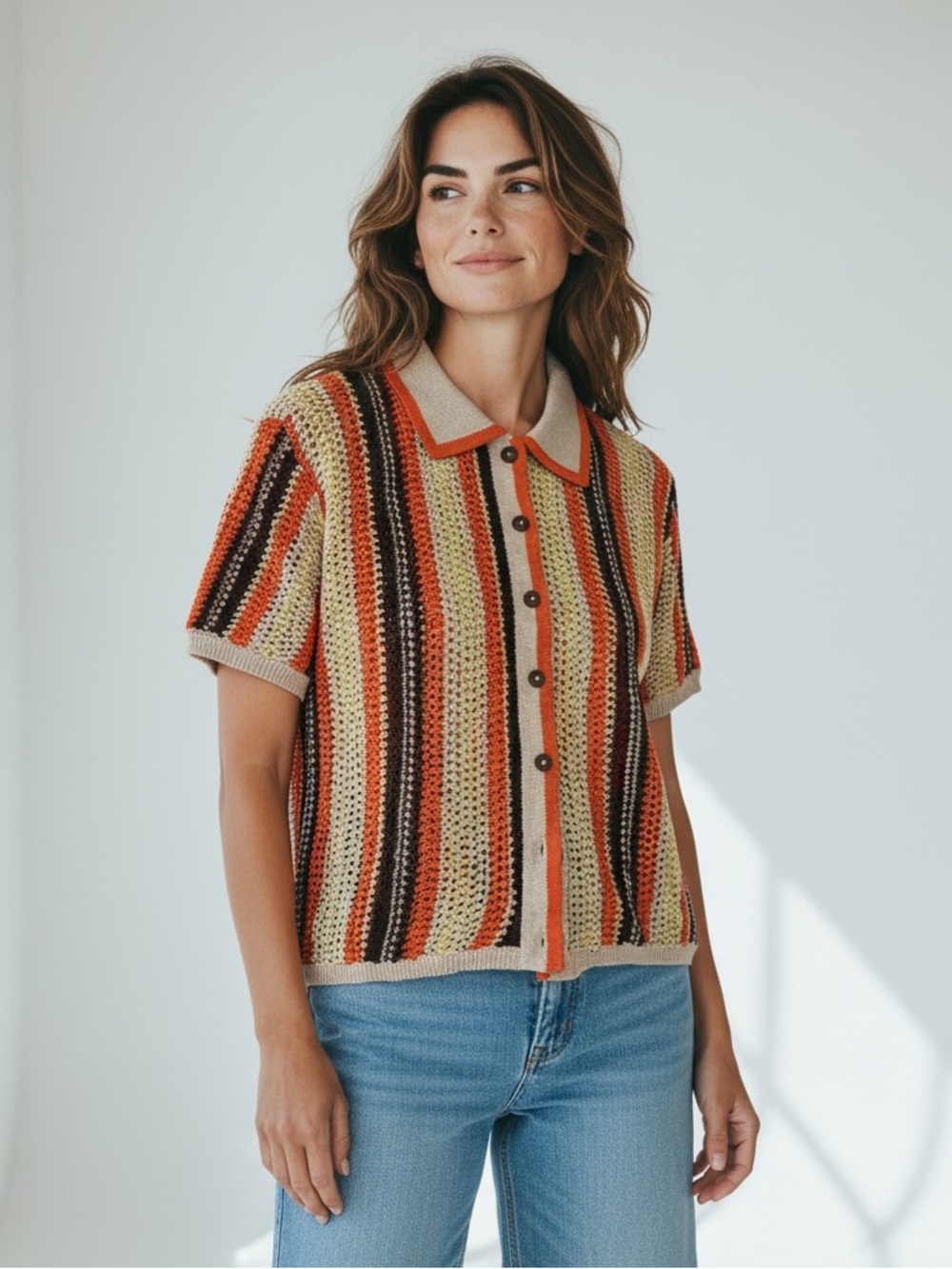 Zara Button-Front Striped Crochet Polo Top - Beige, Orange & Brown